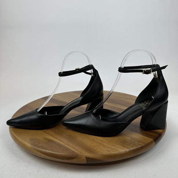 Womens Vince Camuto Sorenn Black Leather Ankle Strap d'Orsay Pumps Size 7 M GUC - Picture 2 of 8
